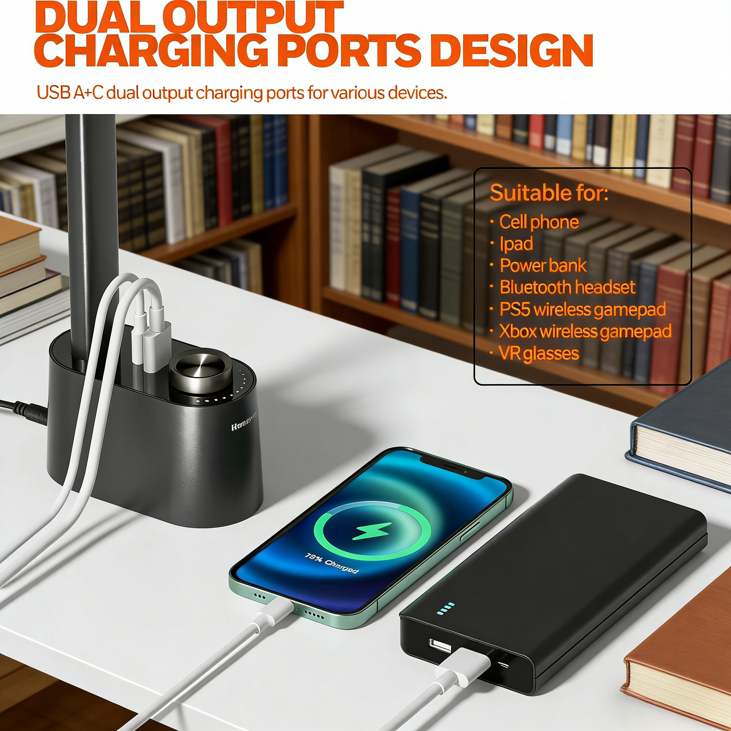 Eye-Caring LED Desk Lamp with USB A+C Charging Ports - 3 Color Temperatures & Dimmable Lighting