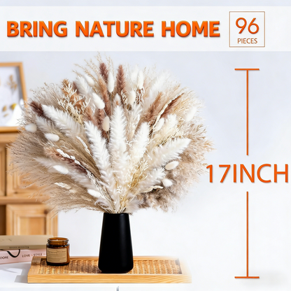 96 Pcs Dried Pampas Grass Bouquet - 17 Inch Natural Boho Home Decor