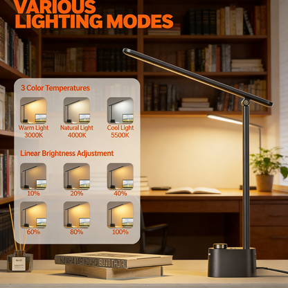 Eye-Caring LED Desk Lamp with USB A+C Charging Ports - 3 Color Temperatures & Dimmable Lighting