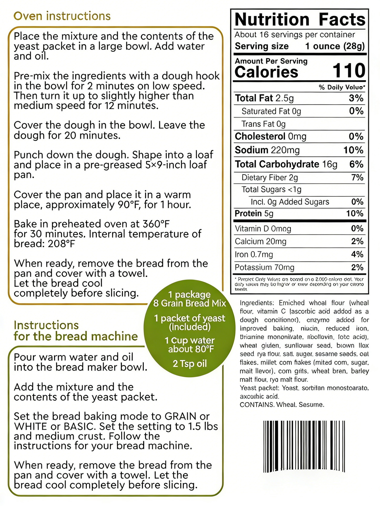 8 Grain Bread Mix Pack of 4 - All-Natural Multigrain Baking Mix for Bread Machine and Oven - 15 oz - Multigrain Grain Mix for with Flax, Millet & Rye - Easy-to-Use Breads Maker Mix for Homemade Baking