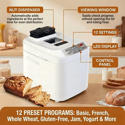 FreshLoaf™Smart Bread Maker: Auto Dispenser, 15 Presets, 2LB Capacity